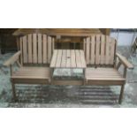 GARDEN BENCH, vintage weathered teak with two armchairs and joined centre table, 155cm W.