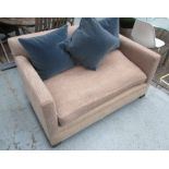 SOFA, two seater, of small proportions in neutral fabric on square supports with three cushions,