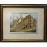 JOHN INCE 'Farmyard with romanesque building', watercolour, 25cm x 35cm, framed and glazed.