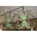 CHANDELIERS, a pair, Italian 1960's green and gilt wheatsheaf design, 60cm H.