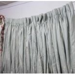 CURTAINS, two pairs, duck egg blue with embroidered detail, lined and interlined,