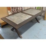 GARDEN TABLE, wooden with metal inserts on an X framed base, 221cm x 111cm x 75cm H.