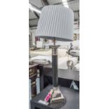 COLUMN LAMP, chromed top on wooden column with chrome stepped base and duck egg blue shade, 82cm H.