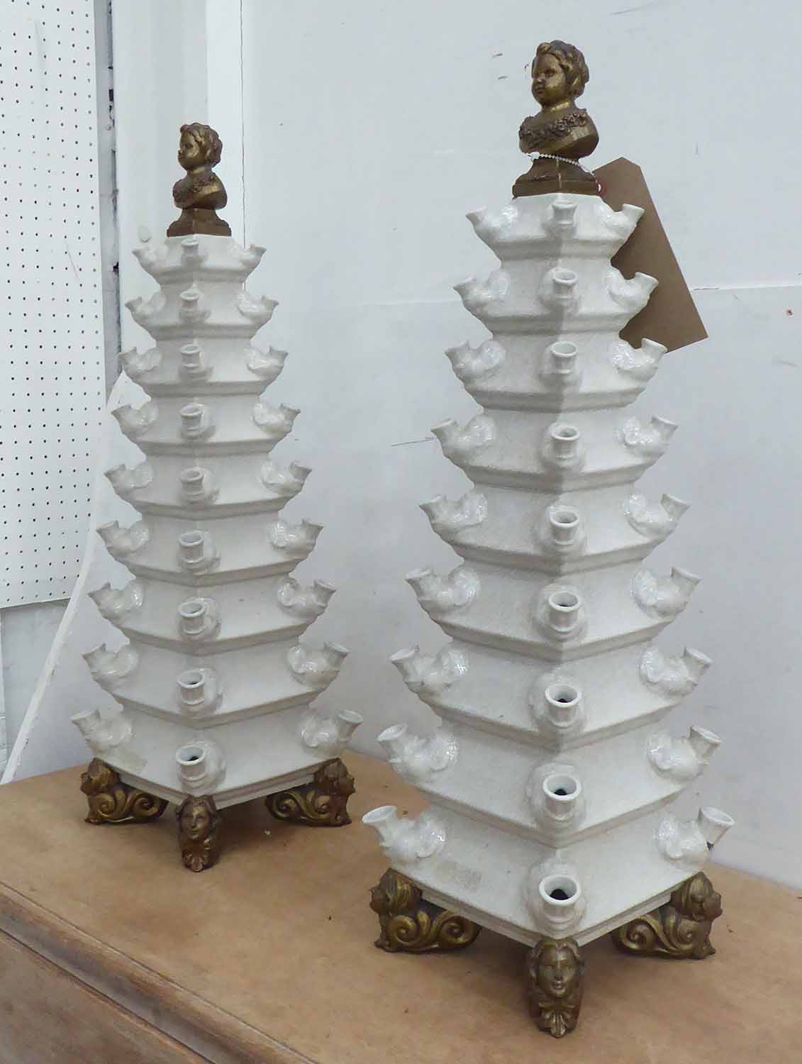 TULIP VASES, a pair, pyramid form in craquelure glaze with bronze bust mounts, 65cm H.