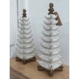 TULIP VASES, a pair, pyramid form in craquelure glaze with bronze bust mounts, 65cm H.