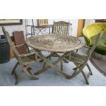ALEXANDER ROSE GARDEN TABLE, weathered teak with circular top on folding supports,