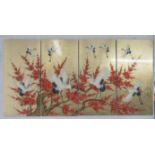 LACQUER WALL PANELS, a set of four, cherry blossom and cranes, each panel 50cm x 100cm.