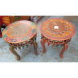 OCCASIONAL TABLES, two, circular, ornately decorated, 46cm diam x 44cm H.