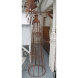 GARDEN WIND TOWER/PLANT CLIMBING FRAME, rustic finish iron structure, rotating top and fan blades,