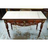 SIDE CONSOLE TABLE, mahogany with marble top, elaborately carved base with gilt detail,