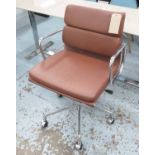 SOFT PAD STYLE DESK CHAIR, after Charles and Ray Eames, brown leather on castor base.