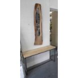 CONSOLE TABLE, made from wooden boards, on a metal base, 120cm x 30cm x 61cm H,