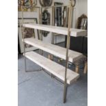 SHELVES, three on two, folding metal supports, 175cm H x 160cm.