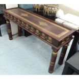 CONSOLE TABLE, Indonesian hardwood with embossed brass inserts on turned supports,