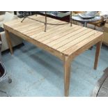 GARDEN TABLE, in slatted teak on square supports, 180cm x 90cm x 76cm H.