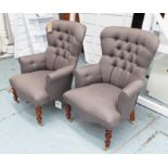 BEDROOM CHAIRS, a pair, grey buttoned fabric, on turned castor sipports, 65cm W.