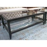 LOW TABLE, contemporary, ebonised rectangular with two tiered glass shelves,