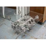 JAGUAR ENGINE LOW TABLE, cast metal stand with rectangular glass top, 80cm W x 67cm D x 51cm H.