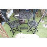 GARDEN TABLE, oval in metal with a pair of chairs, all folding, 72cm x 53cm x 73cm H.