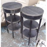 SIDE TABLES/JARDINIERE STANDS, a pair, circular, dark wood, with undertiers, 96cm H x 47cm D.