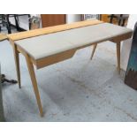 DESK, in oak with grey leather top, three compartments to top and two drawers below,