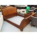 HARRODS SLEIGH BED FRAME, 6ft, by Frank Hudson, in mahogany, with tanned leather headboard.