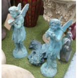 FAIRIES, a set of three, in cast iron verdigris finish, one with leaf 51cm H, one with bird 50cm H,