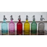 SODA SYPHONS, a set of six, various colours, 32cm H.