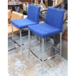 BAR STOOLS, a pair, in blue suede, on a chromed metal frame, 40cm W.