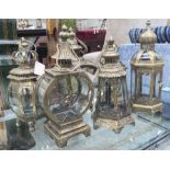 STORM LANTERNS, a set of six, various designs (harlequin), in gilded finish, largest 40cm H.