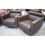 NATUZZI ARMCHAIRS, a pair, grained brown leather, each with square arms and back on revolving base,