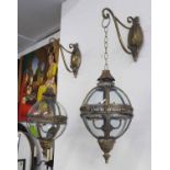 WALL HANGING LANTERNS, a pair, globular, in gilded metal, with brackets, 68cm H.