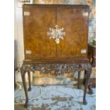 COCKTAIL CABINET, Queen Anne Design, burr walnut and silver metal mounted, with two doors,