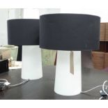 TABLE LAMPS, a pair, from Habitat, in frosted white glass with black shades, 60cm H.