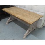 REFECTORY TABLE, vintage rectangular planked, raised upon grey painted X frame, stretched supports,