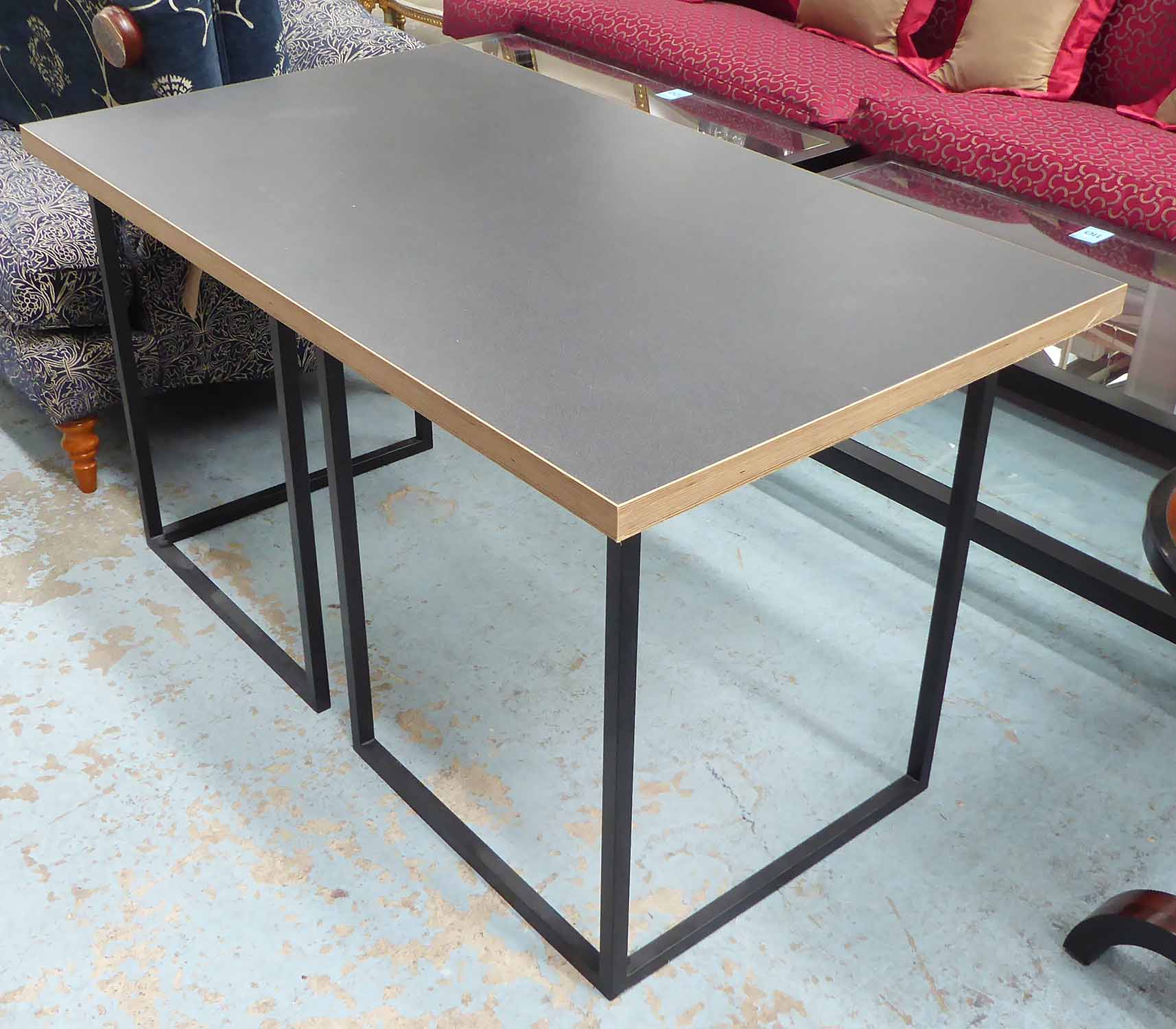 DESK, black top on a square black metal base, 140cm x 80cm x 76cm H.