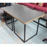 DESK, black top on a square black metal base, 140cm x 80cm x 76cm H.