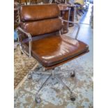 REVOLVING DESK CHAIR, Charles Eames inspired, padded tan brown leather,