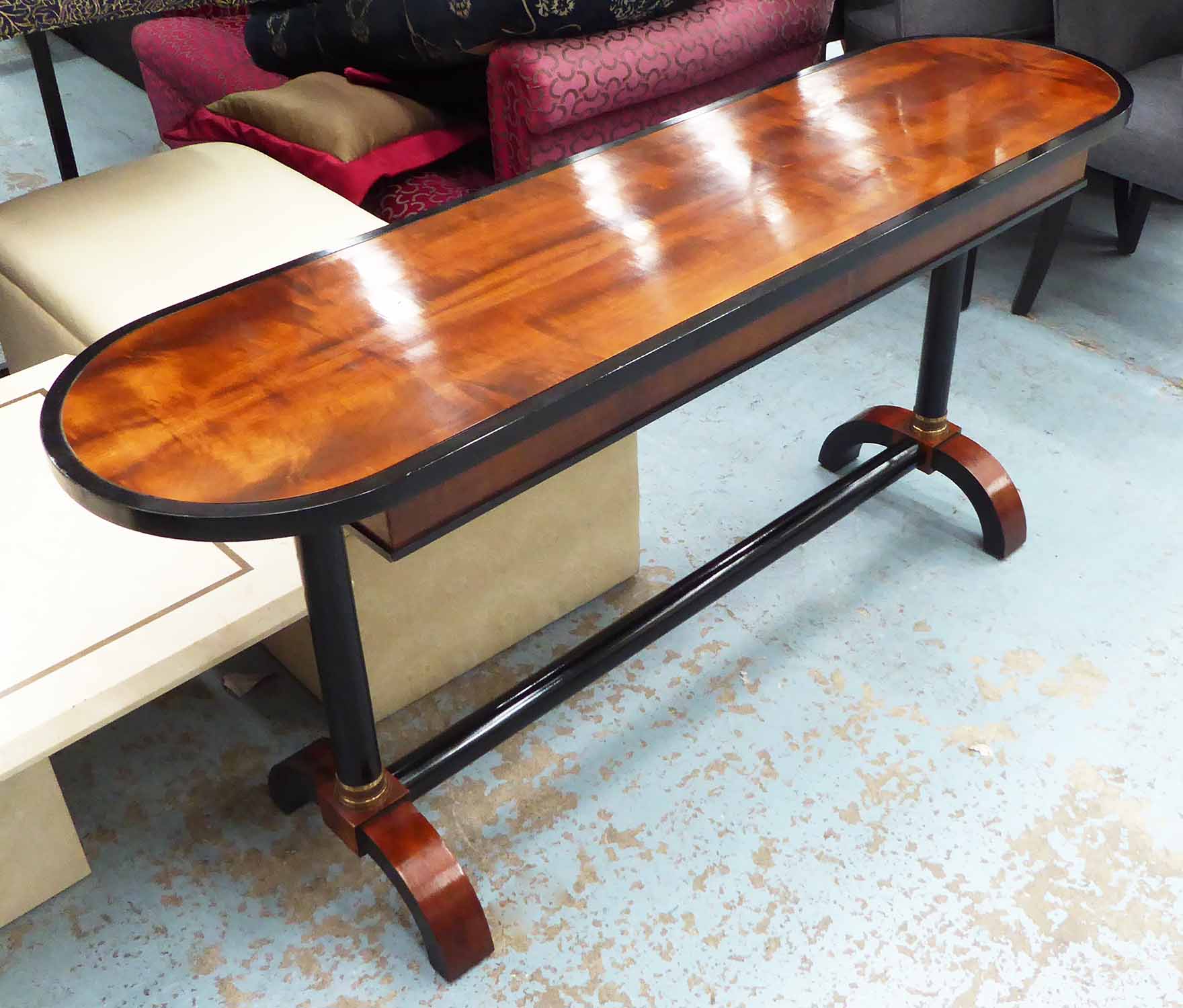 CONSOLE TABLE, oval shaped, in fruitwood with ebony edging, 154cm x 41cmx 71cm H.