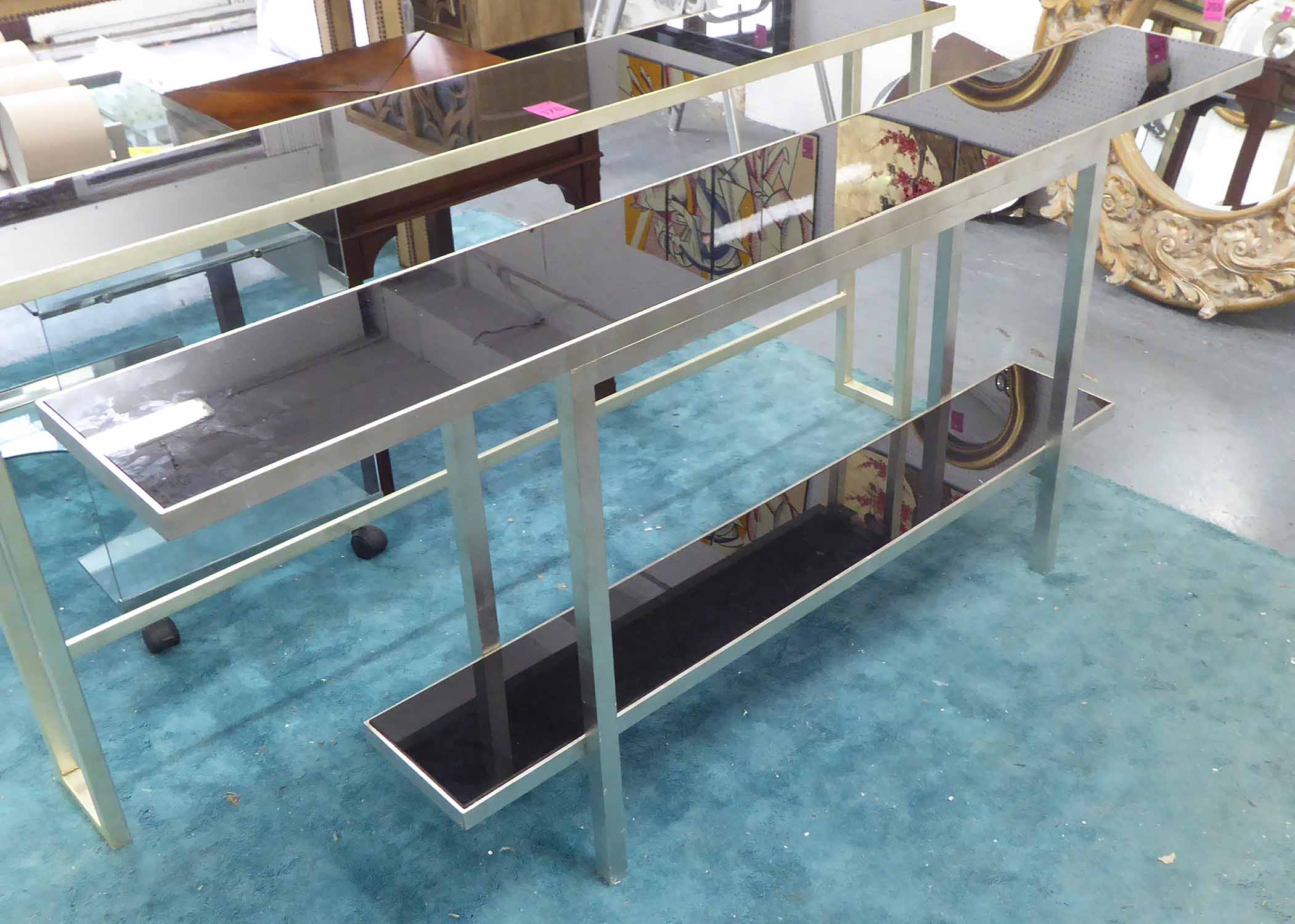 CONTEMPORARY CONSOLE TABLE, with black mirrored top and undershelf, on aluminium frame,