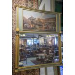 TRUMEAU, painted and giltwood, with a print of a Georgian market square above a rectangular plate,