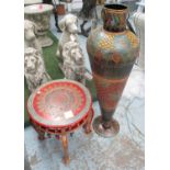 URN, floor standing in metal, ornately decorated, 101cm H, plus an occasional table,