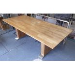 BESPOKE RECTANGULAR DINING TABLE, oak top, raised on oak and chrome inset footed supports,