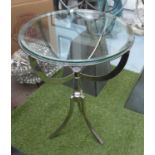 SIDE TABLE, glass top, metal frame, polished on triform supports, 65cm H x 50cm.