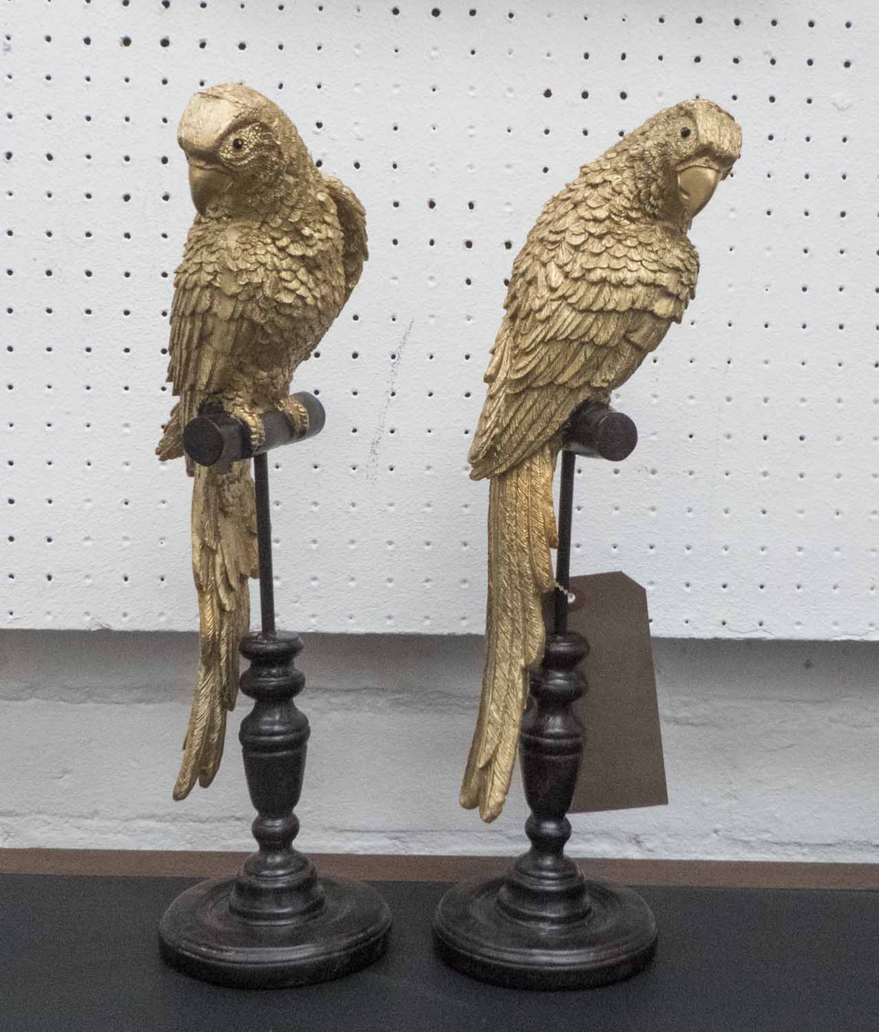 TABLE ORNAMENTS, a pair, parrotts in gilded resin finish, 38cm H.