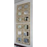 MIRRORS, a pair, each with six rectangular mirrors in a gilded metal frame, 78cm x 81cm.