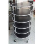 TROLLEY, six tier, circular, with black shelves on chromed metal frame, 54cm diam.