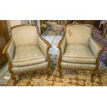 ARMCHAIRS, a pair, early 20th century Swedish, birch, in patterned green fabric, with cushion seats,
