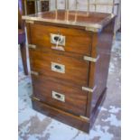 CAMPAIGN BEDSIDE CHESTS, a pair, 19th century, Campaign style, mahogany, each with three drawers,