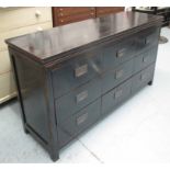 BANK OF NINE DRAWERS, Asian style in black finish, 45cm D x 86cm H x 161cm W (with faults).